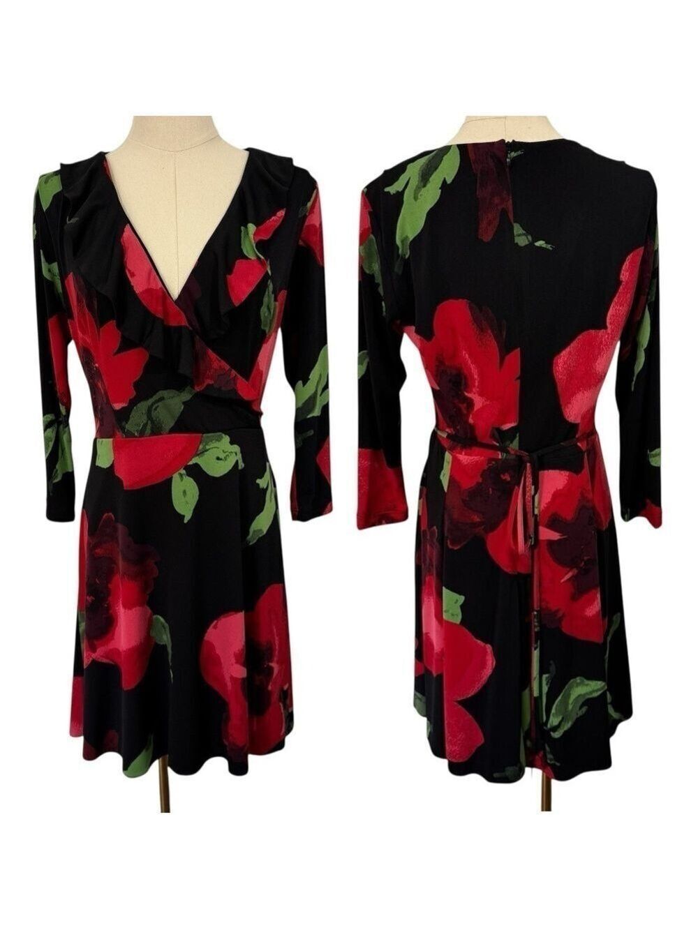 Le Chateau Floral Wrap Dress Sz M Black Red Sexy Dancing Cocktail Party EUC!